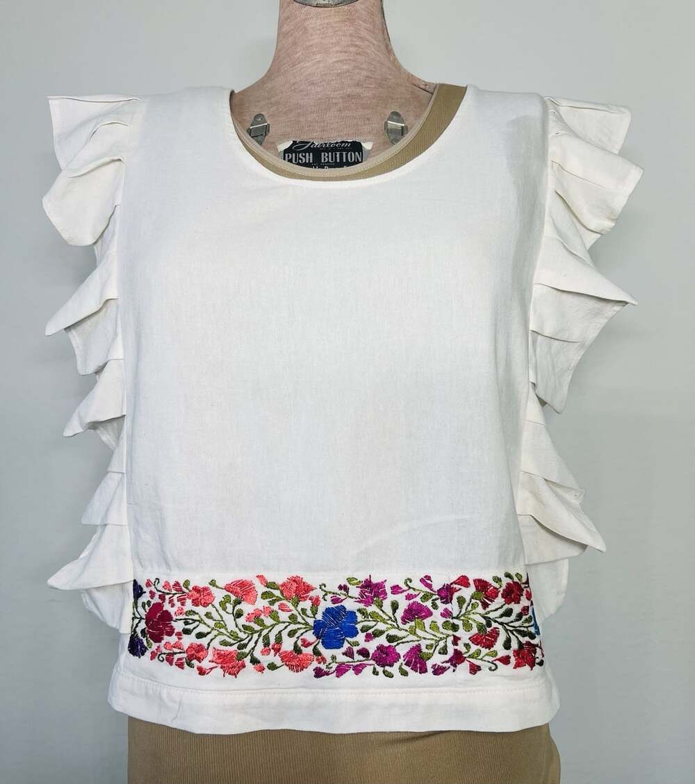 Cream Ruffle Sleeveless Embroidered Floral Top